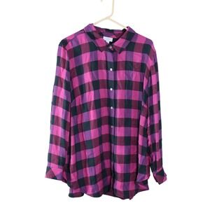 J Jill Plaid Flannel Button Down Shirt Long Sleeve Women XL Pink Black Rayon